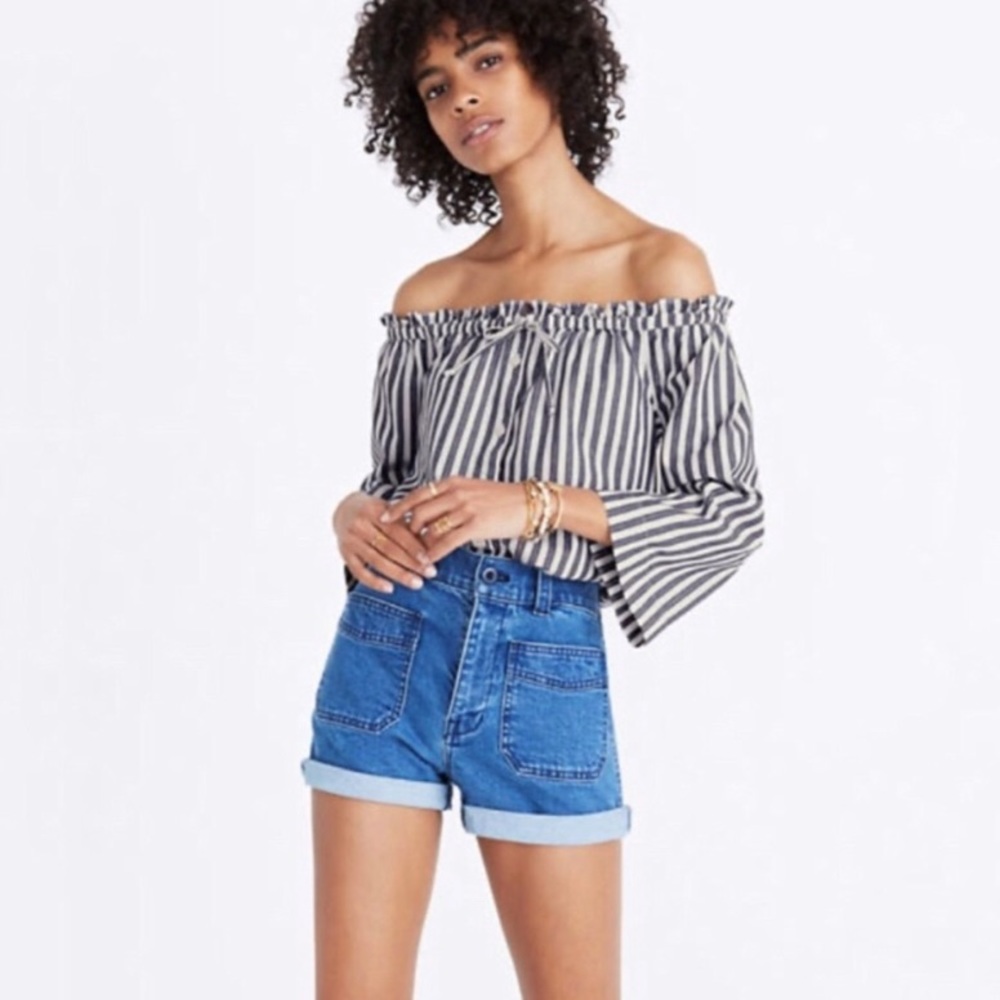 Madewell Off Shoulder Blue & White Striped Top
